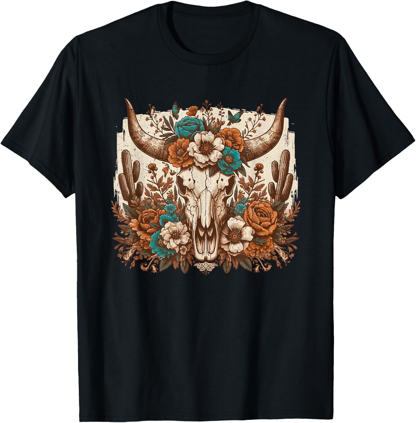 Western Boho Cow Bull Skull Flowers Wild West Country T-Shirt - T-Shirt | Black