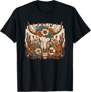 Western Boho Cow Bull Skull Flowers Wild West Country T-Shirt - T-Shirt | Black