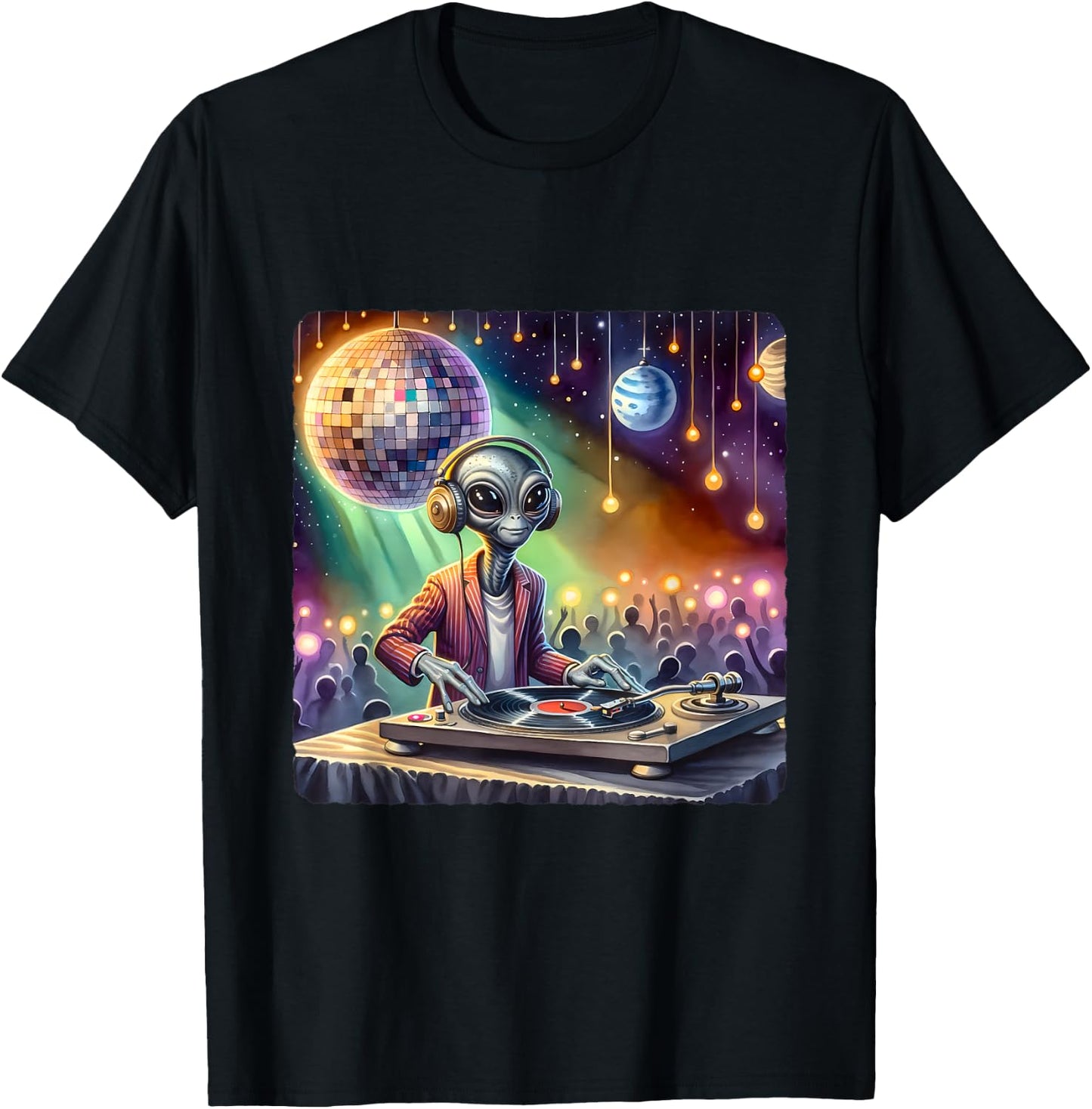 Alien Dj Under Mirror Ball Moon. Turntable Planets Lights T-Shirt - T-Shirt | Black