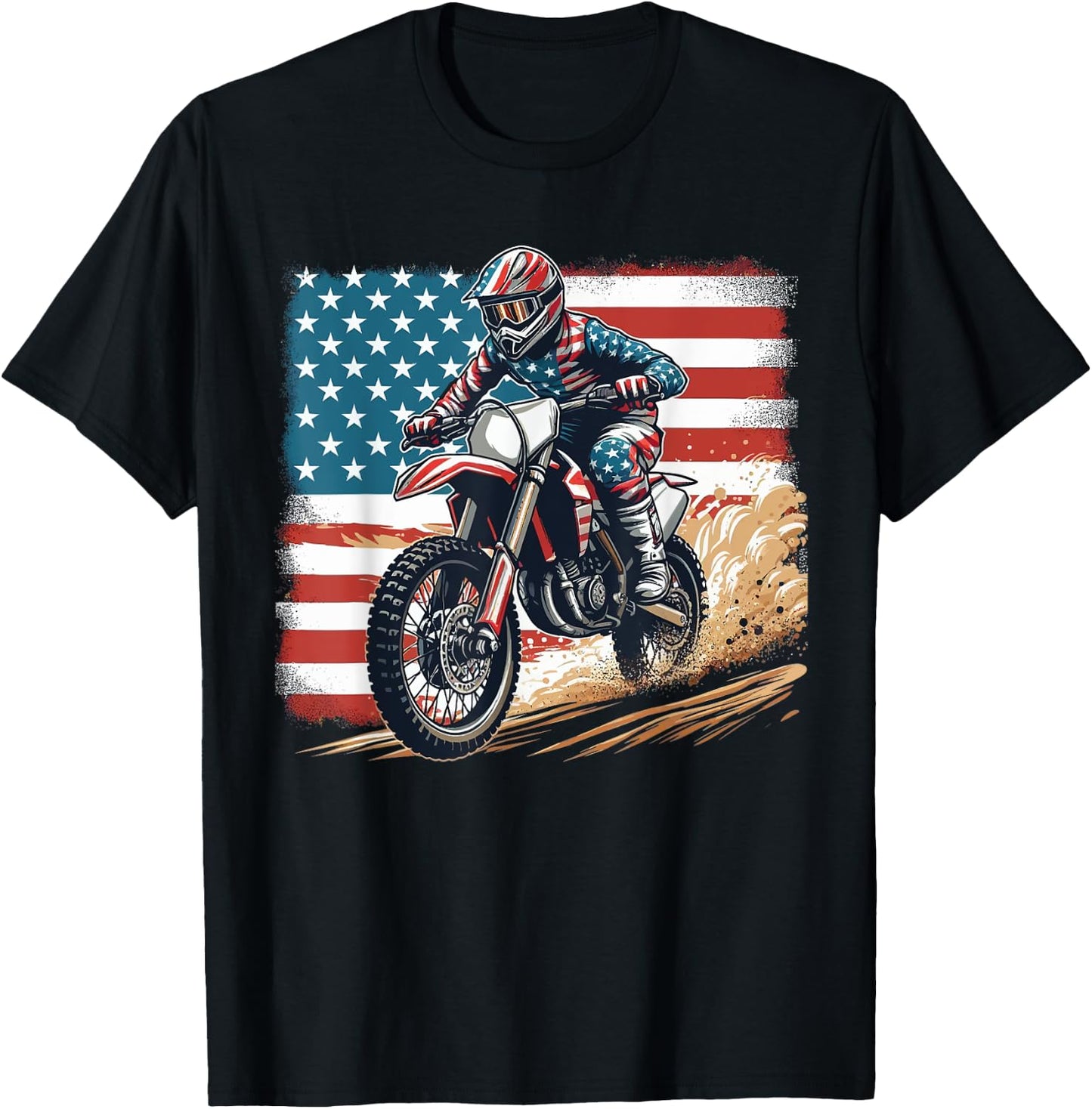 Dirt Bike American Flag Motocross Biker Men Boys Vintage USA T-Shirt - T-Shirt | Black