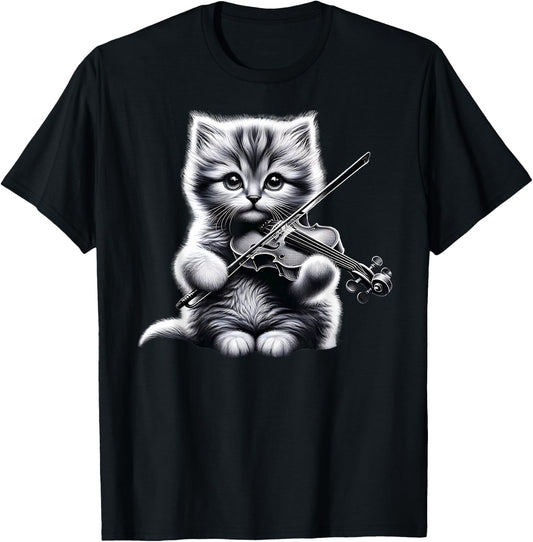 Funny Orchestra Musician Violinist Cute Cat Playing Violin T-Shirt - T-Shirt | Black