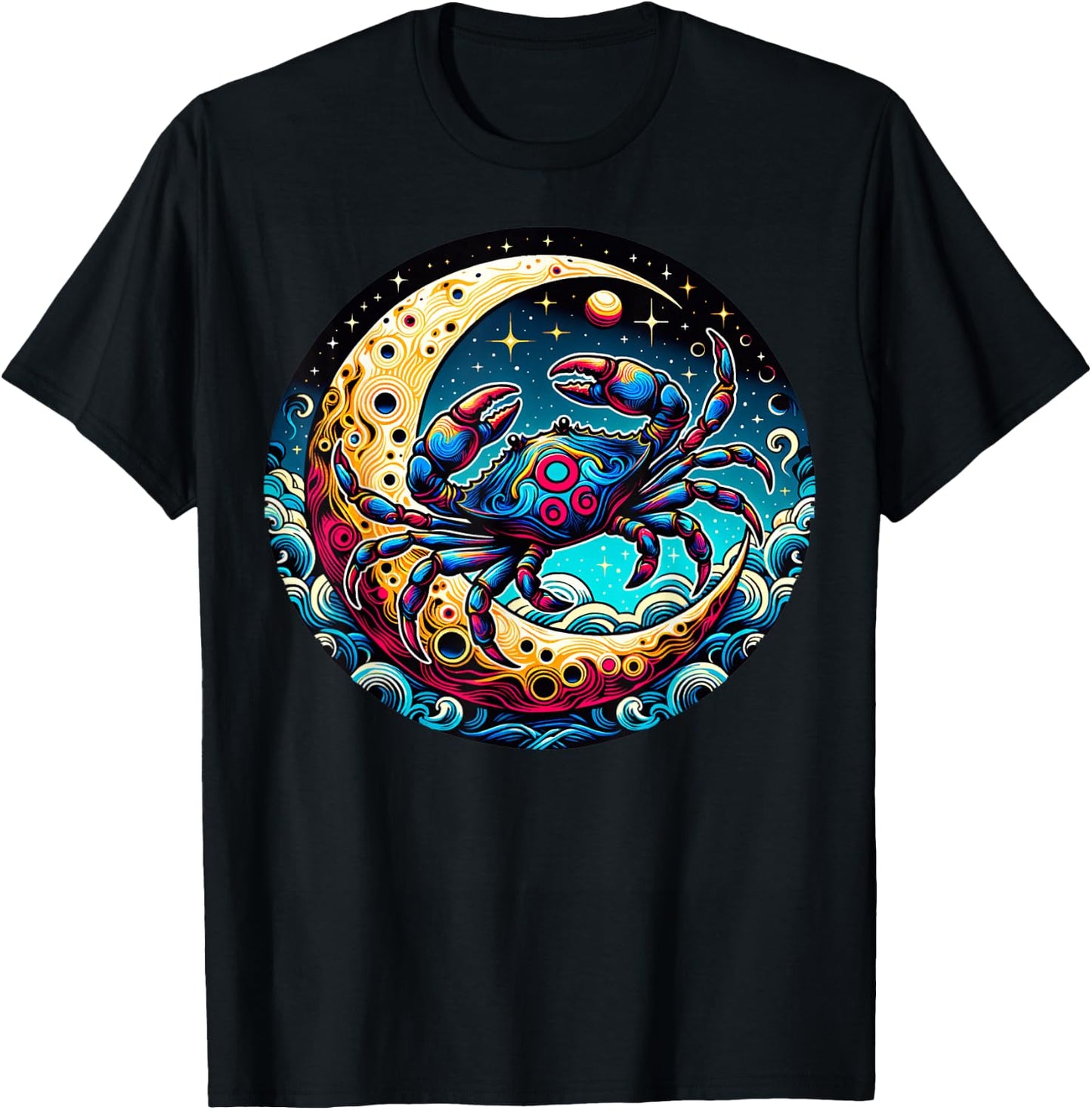 Colorful Abstract Crab On Crescent Moon With Waves And Stars T-Shirt - T-Shirt | Black