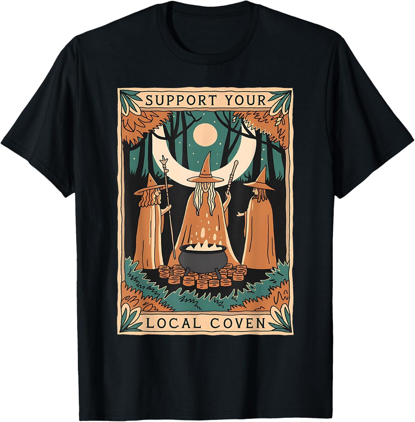 Support Your Local Coven Witch Wizard Tarot Card Halloween T-Shirt - T-Shirt | Black