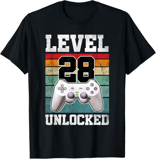 28 Year Old Gaming Level 28 Unlocked Gamers 28th Birthday T-Shirt - T-Shirt | Black