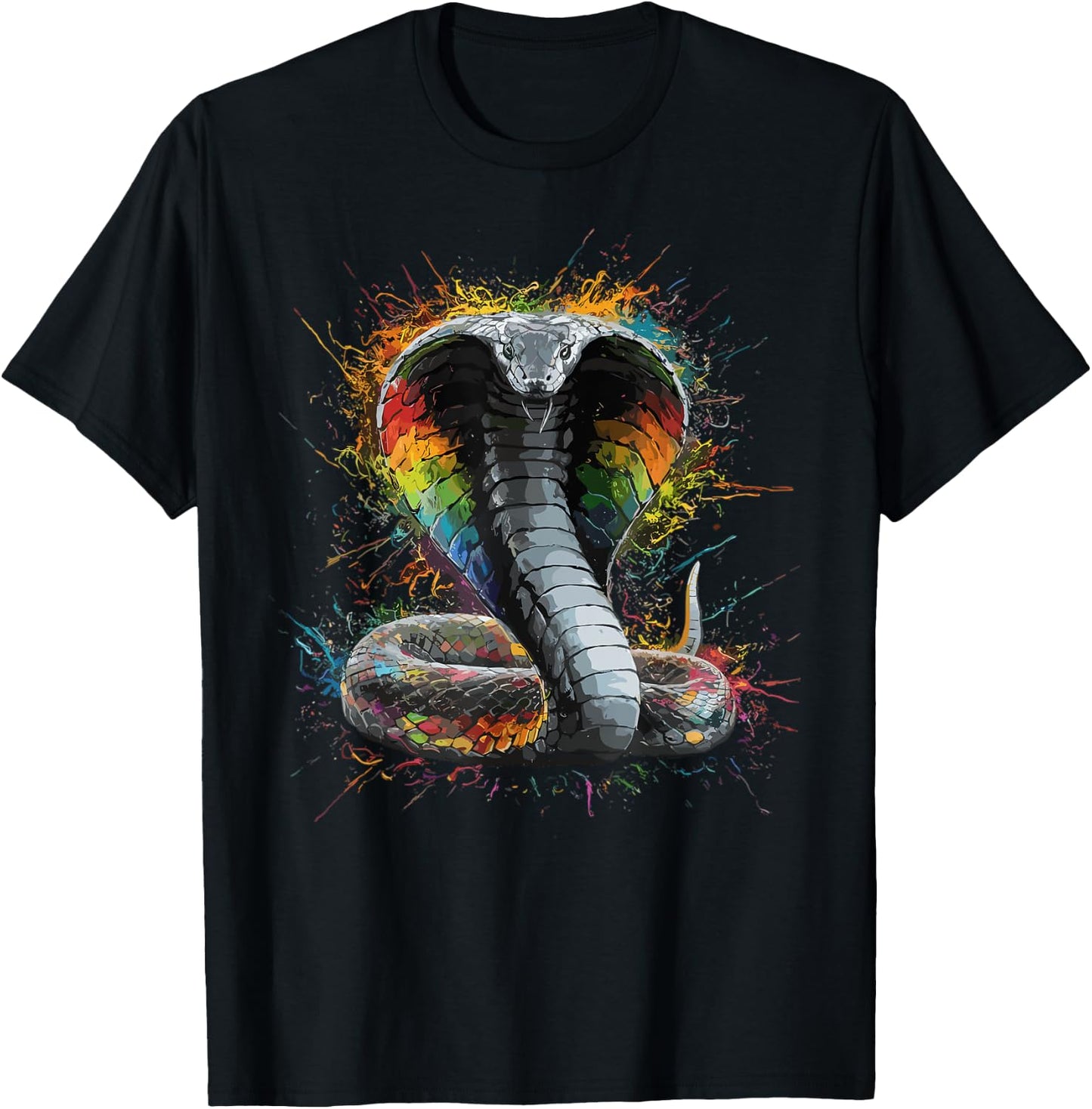 Colorful Paint Splash King Cobra Snake Art Graphic T-Shirt - T-Shirt | Black