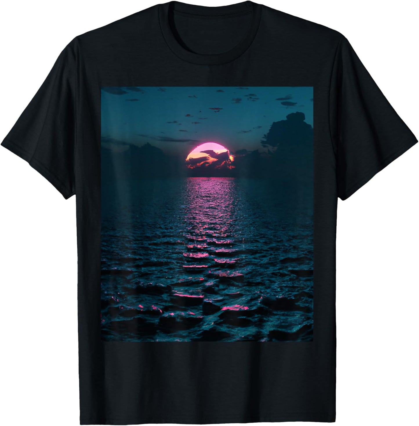 Vaporwave Aesthetic Sunset Above Dark Sea T-Shirt - T-Shirt | Black