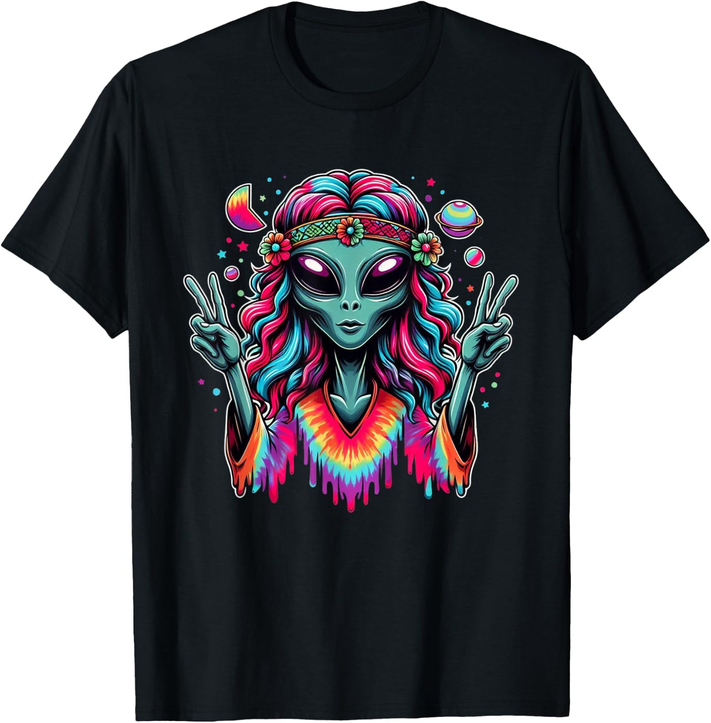 Tie Dye Alien Peace Sign Funny Boho Hippie T-Shirt - T-Shirt | Black