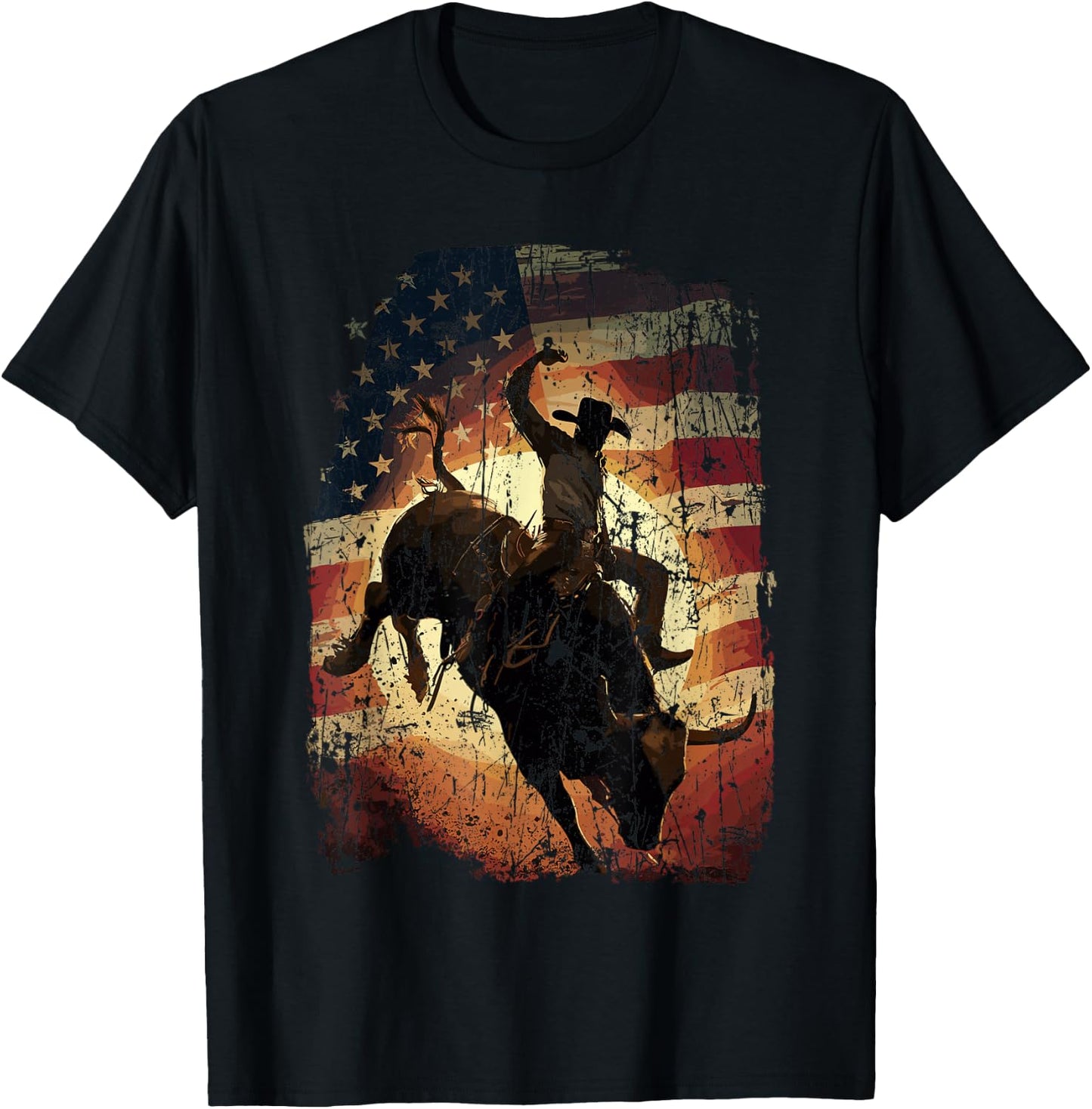 Rodeo Rider Bull Patriotic Cowboy USA Flag T-Shirt - T-Shirt | Black