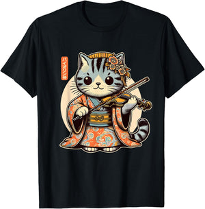 Japanese Samurai Cat Playing The Violin T-Shirt - T-Shirt | Black