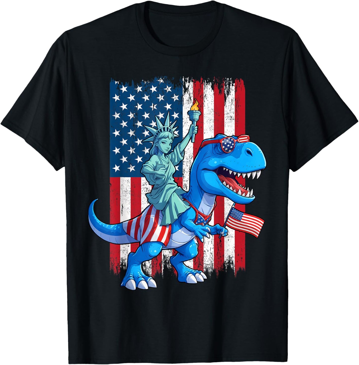 Dino Statue Of Liberty 4th Of July TRex American Flag Boys T-Shirt - T-Shirt | Black