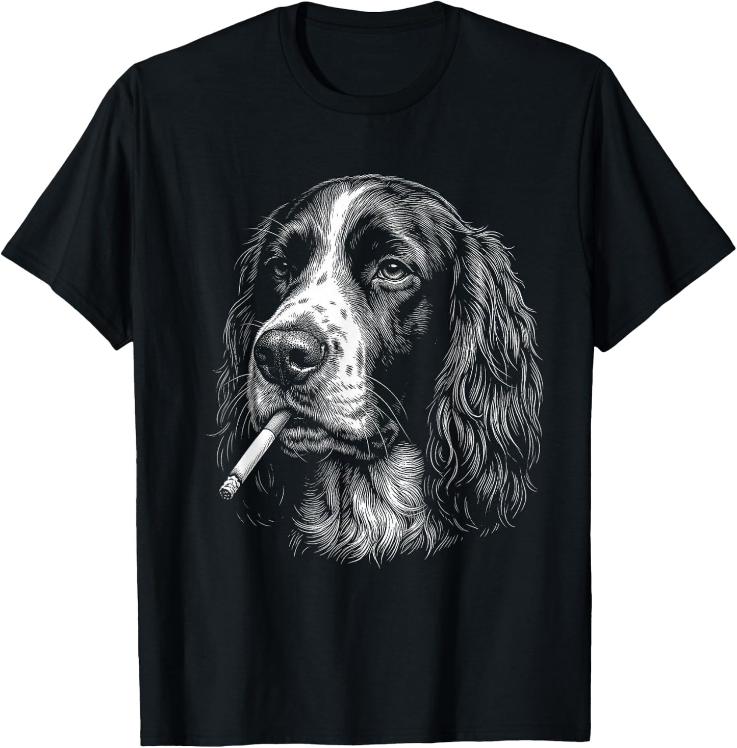 English Springer Spaniel Smoking Cigarette Dog Funny Meme T-Shirt - T-Shirt | Black
