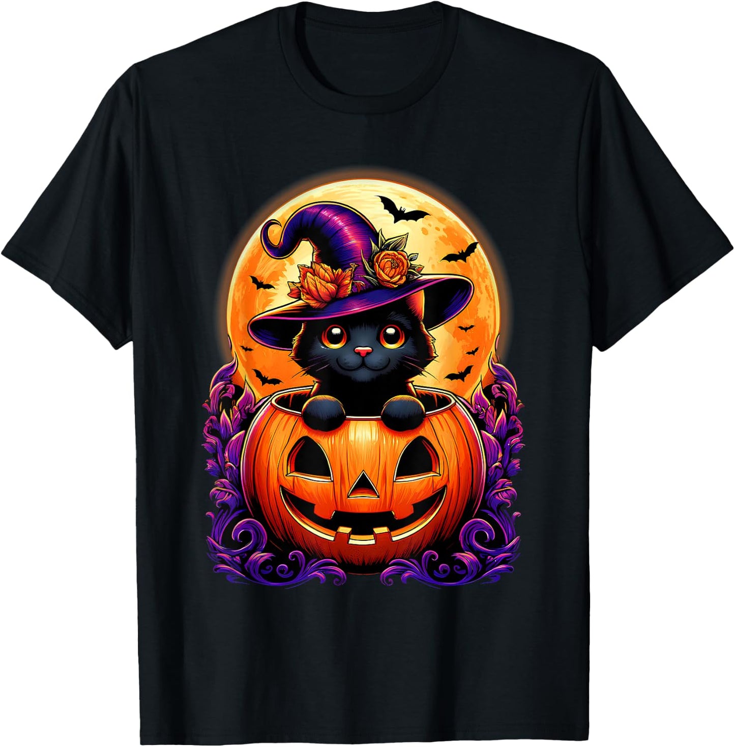 Black Cat Witch Hat Pumpkin Funny Halloween Men Women Kids T-Shirt - T-Shirt | Black