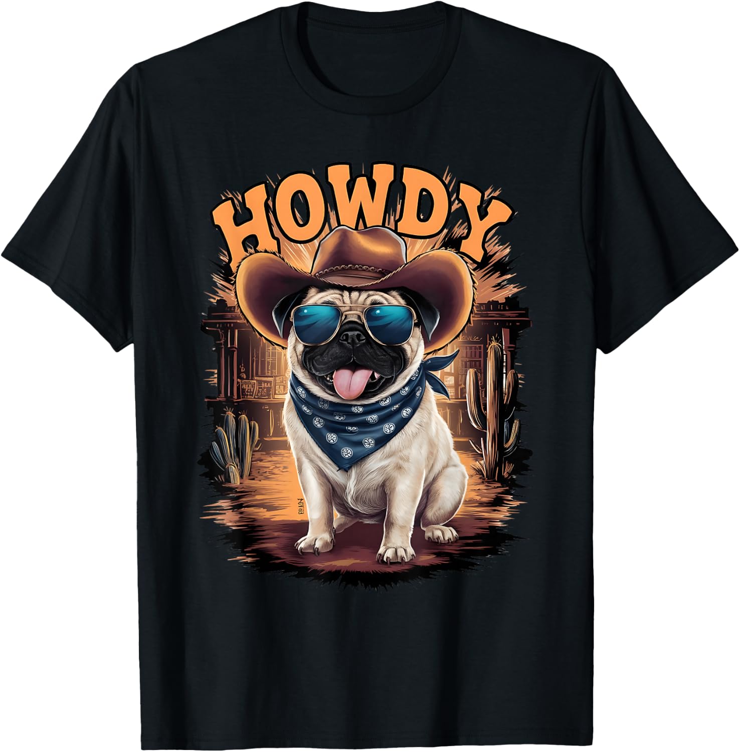 Pug Funny Cowboy Cowgirl Western Country Animal T-Shirt - T-Shirt | Black