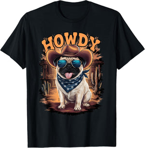 Pug Funny Cowboy Cowgirl Western Country Animal T-Shirt - T-Shirt | Black