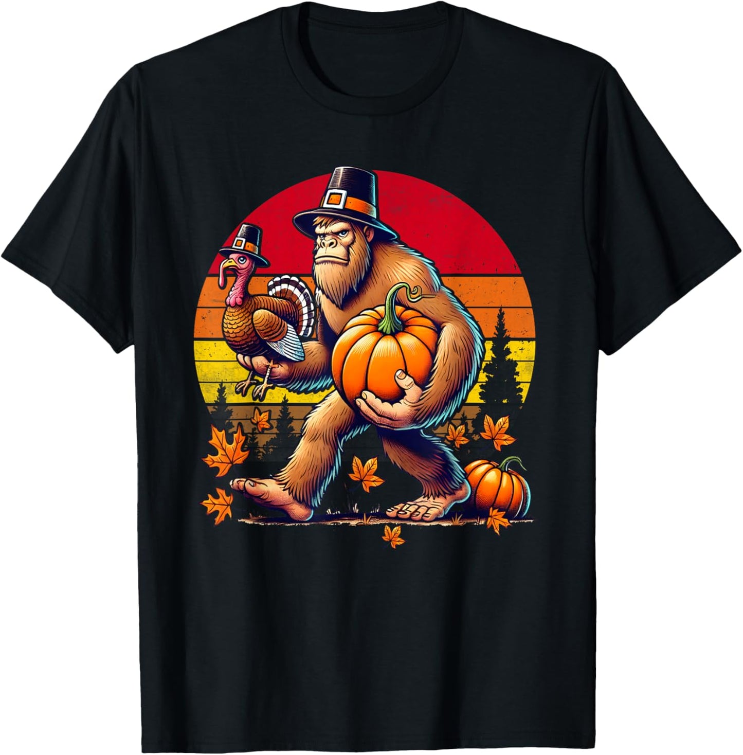 Bigfoot Pilgrim Turkey Pumpkin Sasquatch Retro Thanksgiving T-Shirt - T-Shirt | Black