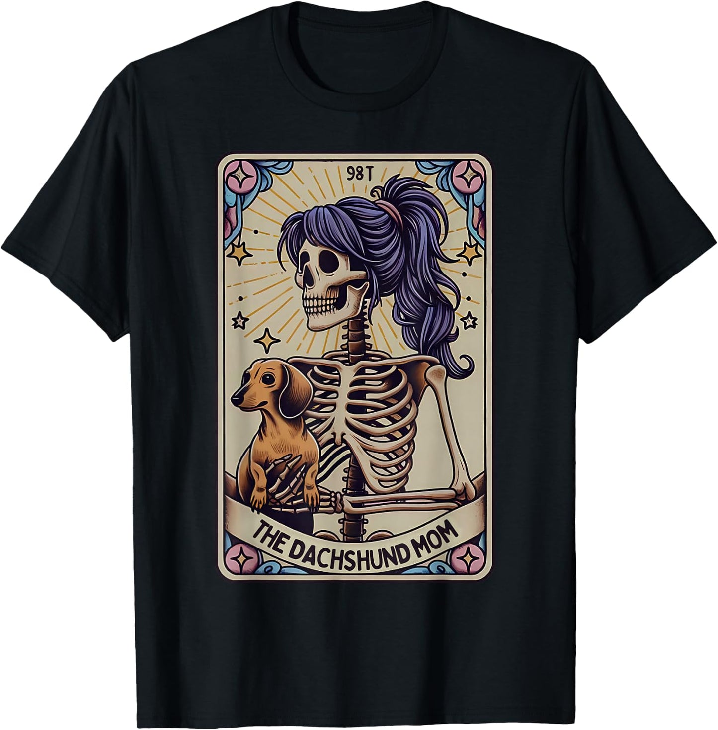 Dachshund Mom Tarot Card Skeleton Halloween Witchy Vibes T-Shirt - T-Shirt | Black