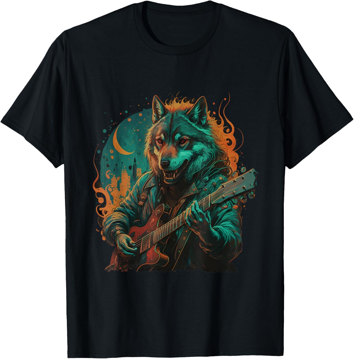 Wolf Playing Guitar Lover Rock Star Rock And Roll Guitarist T-Shirt - T-Shirt | Black