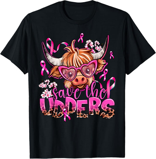 Save The Udders Highland Cow Pink Breast Cancer Awareness T-Shirt - T-Shirt | Black