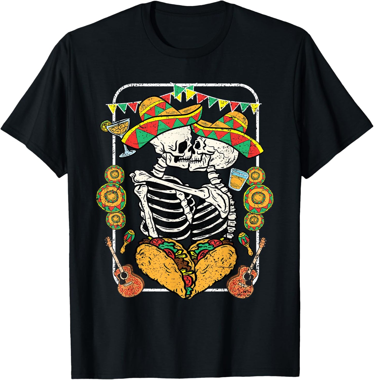 Skeleton Kissing Cinco De Mayo Mexican Sombrero Taco Heart T-Shirt - T-Shirt | Black