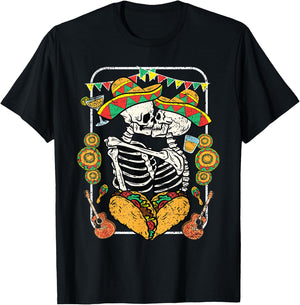 Skeleton Kissing Cinco De Mayo Mexican Sombrero Taco Heart T-Shirt - T-Shirt | Black