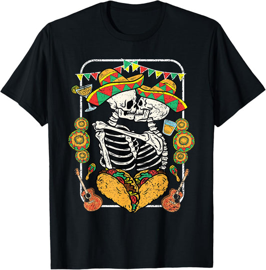 Skeleton Kissing Cinco De Mayo Mexican Sombrero Taco Heart T-Shirt - T-Shirt | Black