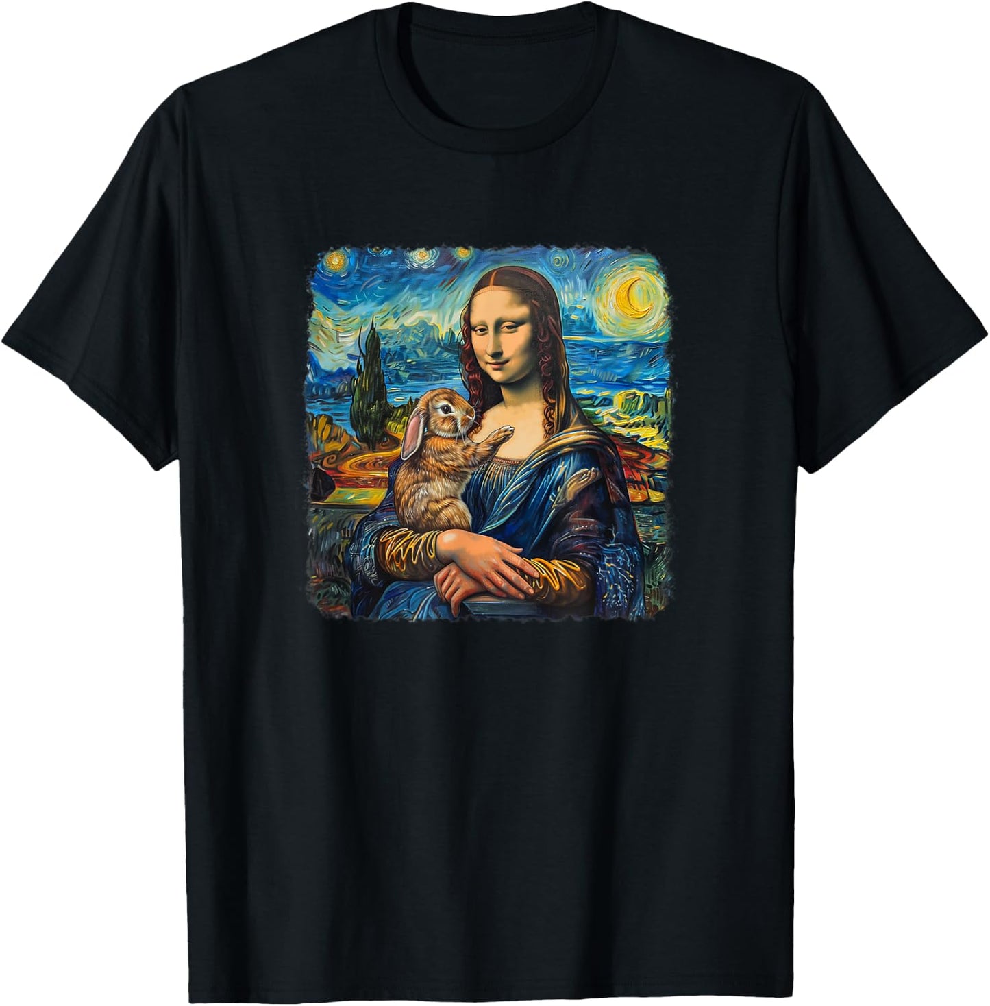 Mona Lisa with Rabbit Van Gogh Starry Night Painting T-Shirt - T-Shirt | Black