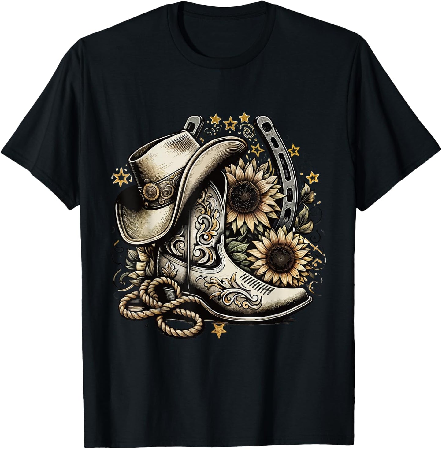 Western Cowboy Boot Horseshoe Sunflower Rope Cowgirl country , Small, Black T-Shirt - T-Shirt | Black