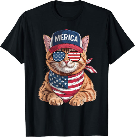 Orange Tabby Cat 4th of July US American Flag Cat Patriotic T-Shirt - T-Shirt | Black