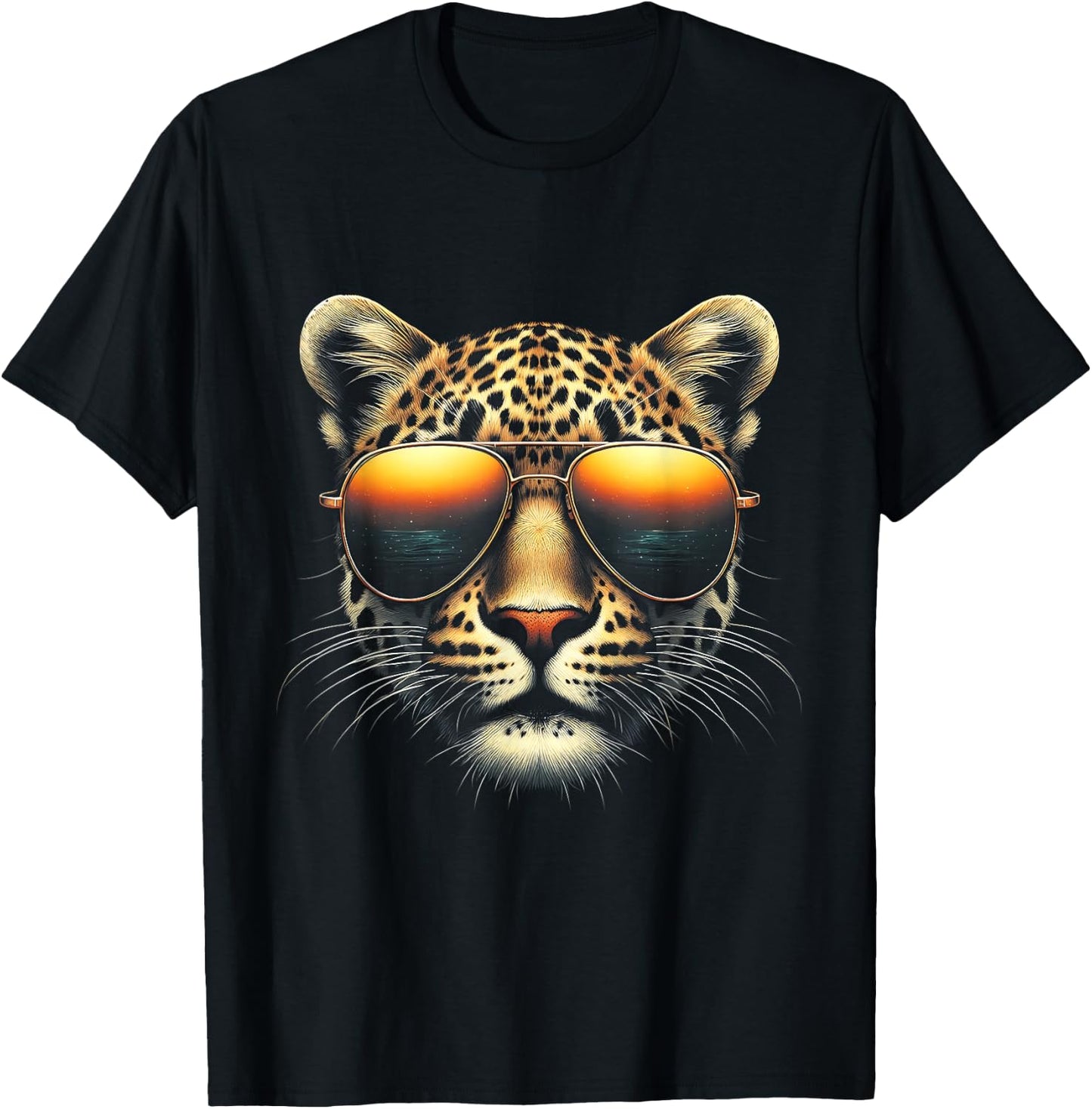 Leopard Face Wearing Sunglasses Animal Leopard Photography T-Shirt - T-Shirt | Black