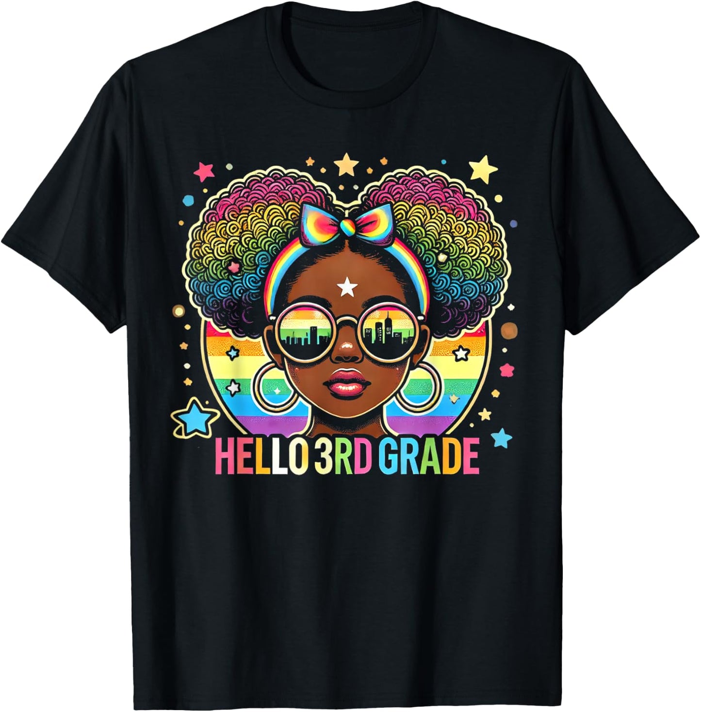 Hello 3rd Grade Black Messy Bun Girls Kids Back To School T-Shirt - T-Shirt | Black