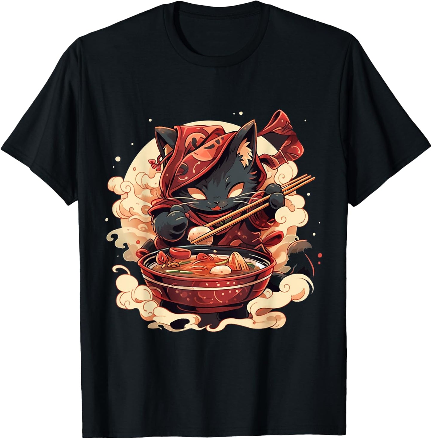 Japanese Art Ramen Cat Ninja Ukiyo-e Anime Style Samurai Cat T-Shirt - T-Shirt | Black