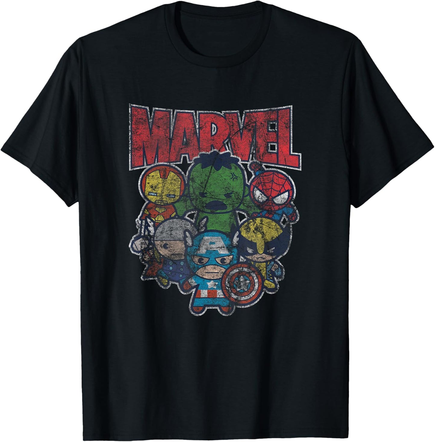 Marvel Kawaii Avengers Assembled Distressed Group Shot T-Shirt - T-Shirt | Black