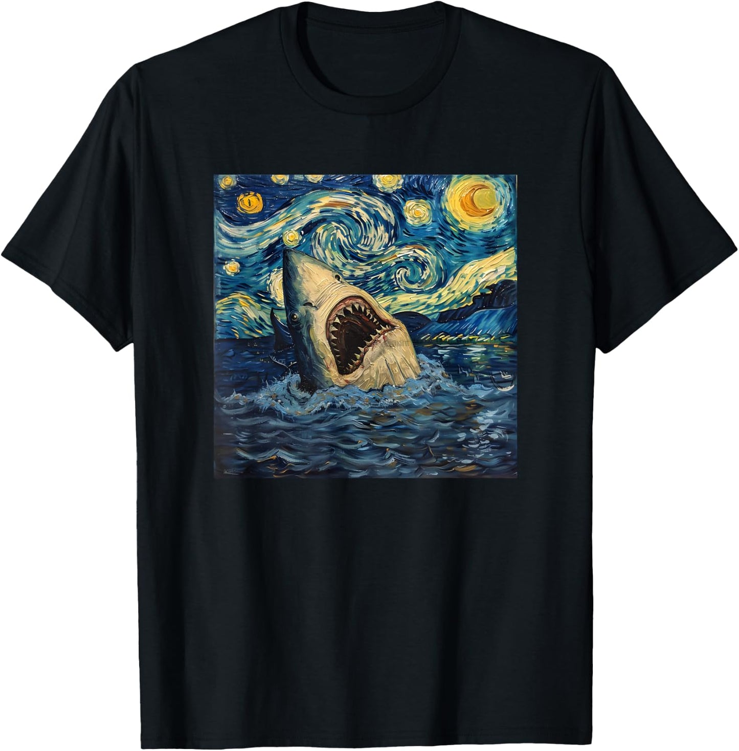 Van Gogh Shark Starry Night Funny Women & Men T-Shirt - T-Shirt | Black