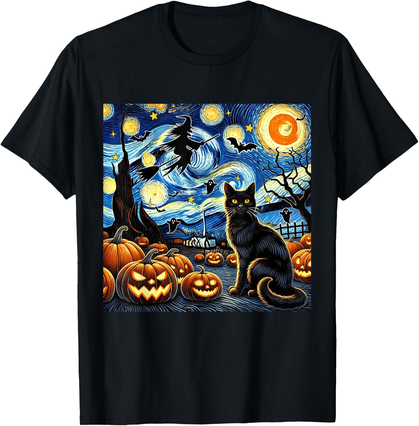 Halloween Cat Van Gogh Starry Night Witch Bats Pumpkin Women Kids T-Shirt - T-Shirt | Black