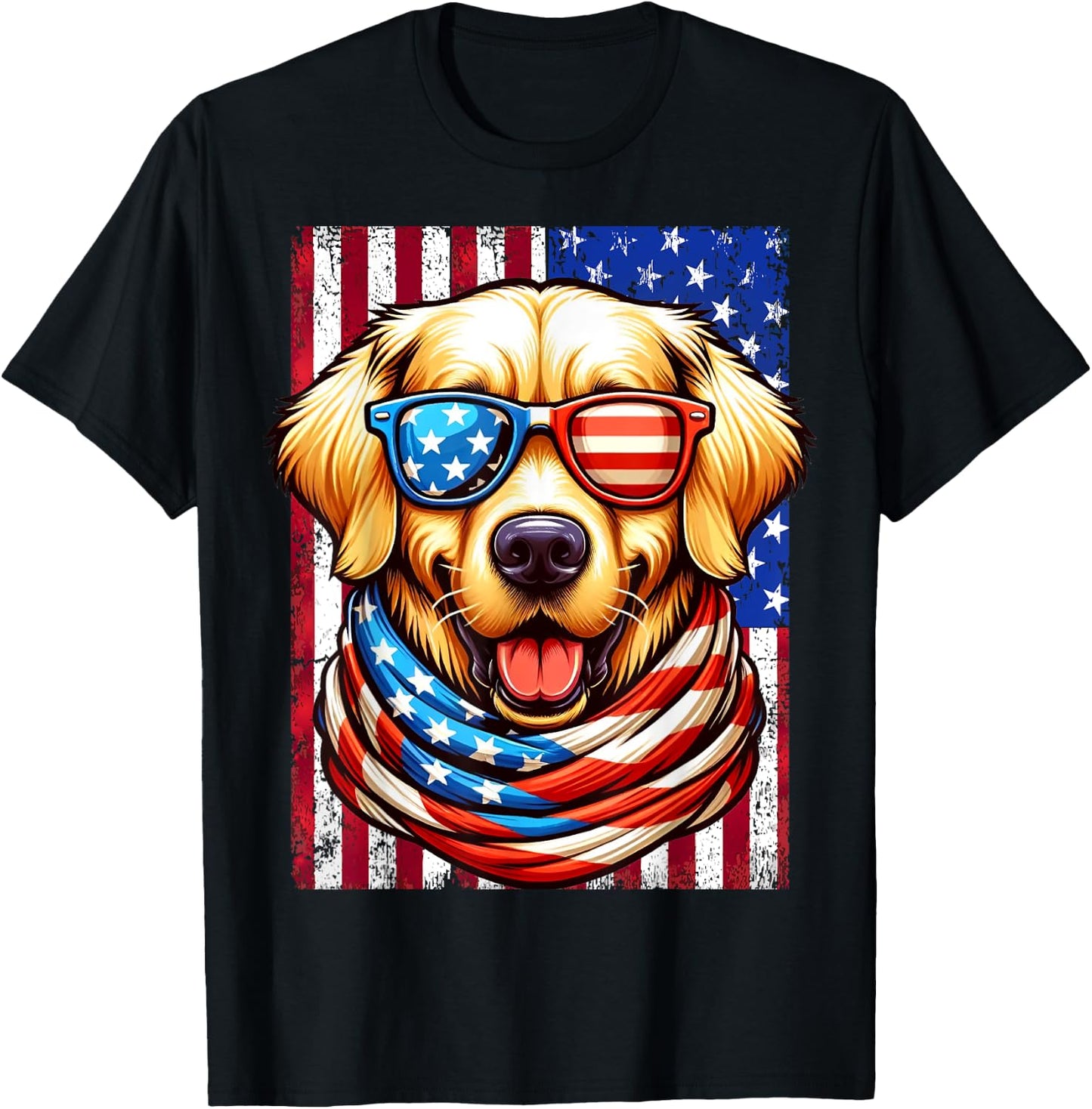 Golden Retriever Dog USA Flag American Patriotic 4th of July T-Shirt - T-Shirt | Black
