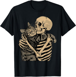 Skeleton Hugging Cat Halloween Cat Lover Cat Mom Dad T-Shirt - T-Shirt | Black