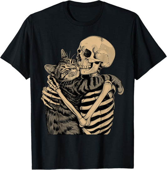 Skeleton Hugging Cat Halloween Cat Lover Cat Mom Dad T-Shirt - T-Shirt | Black