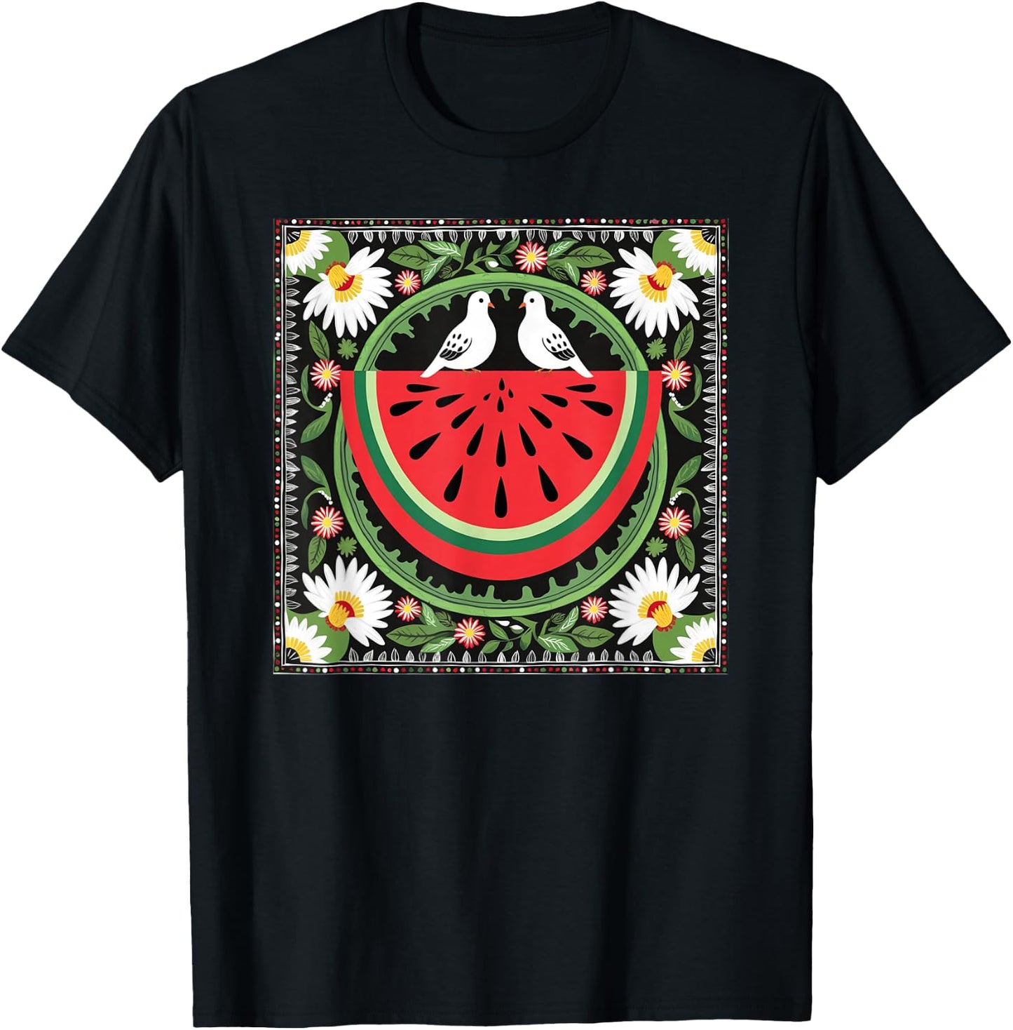 Fruits Flowers Watermelon Map Free Palestine T-Shirt - T-Shirt | Black