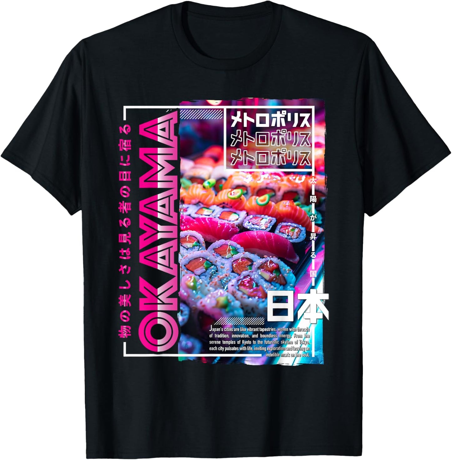 Okayama City 80s Synthwave Sushi Japan Okayama T-Shirt - T-Shirt | Black