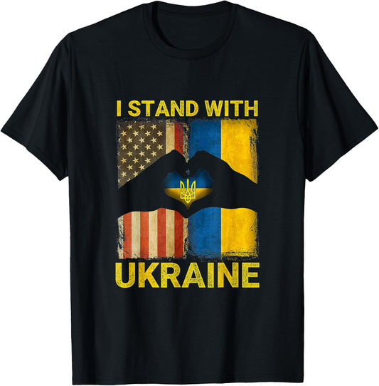 Support Ukraine I Stand with Ukraine Ukrainian Flag US Flag T-Shirt - T-Shirt | Black