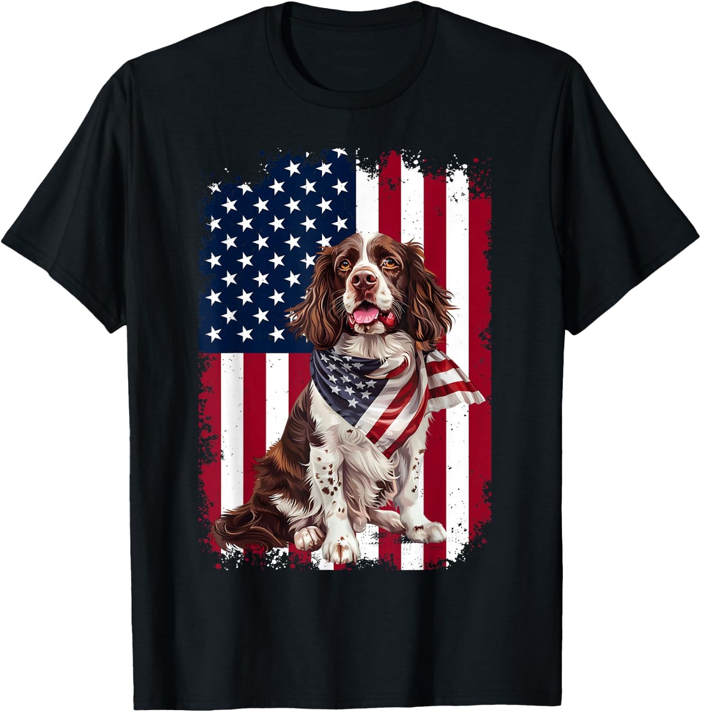 English Springer Spaniel Dog American Flag 4th Of July Gifts T-Shirt - T-Shirt | Black