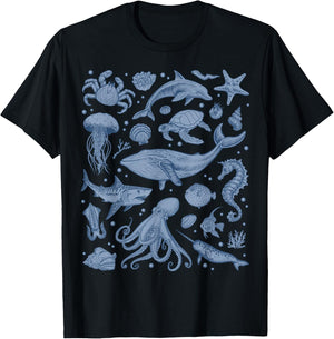 Ocean Life Sea Whale Dolphin Beach 90s Vintage Graphic T-Shirt - T-Shirt | Black