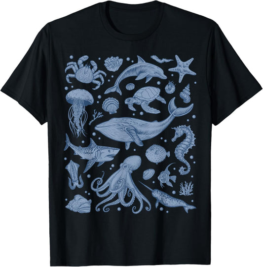 Ocean Life Sea Whale Dolphin Beach 90s Vintage Graphic T-Shirt - T-Shirt | Black