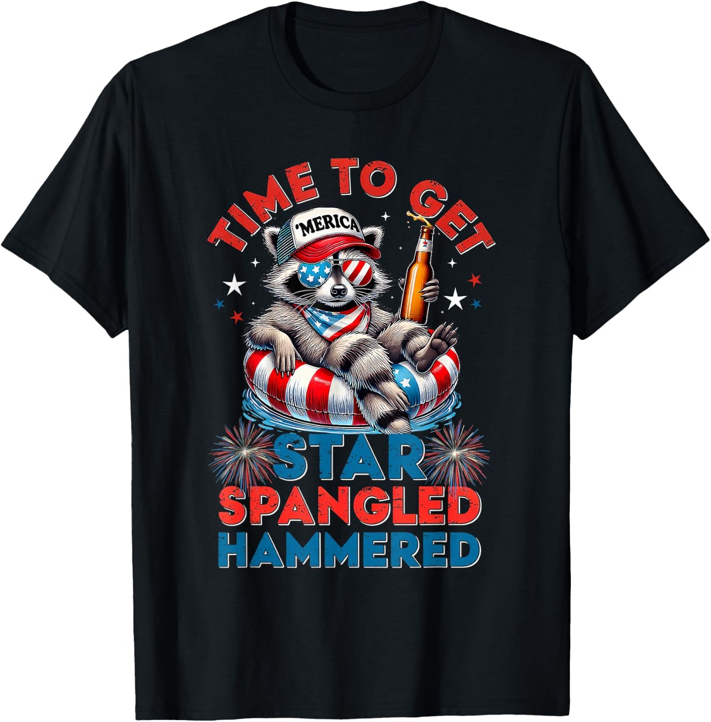 Time to Get Star Spangled Hammered 4th of July Men Racoon T-Shirt - T-Shirt | Black