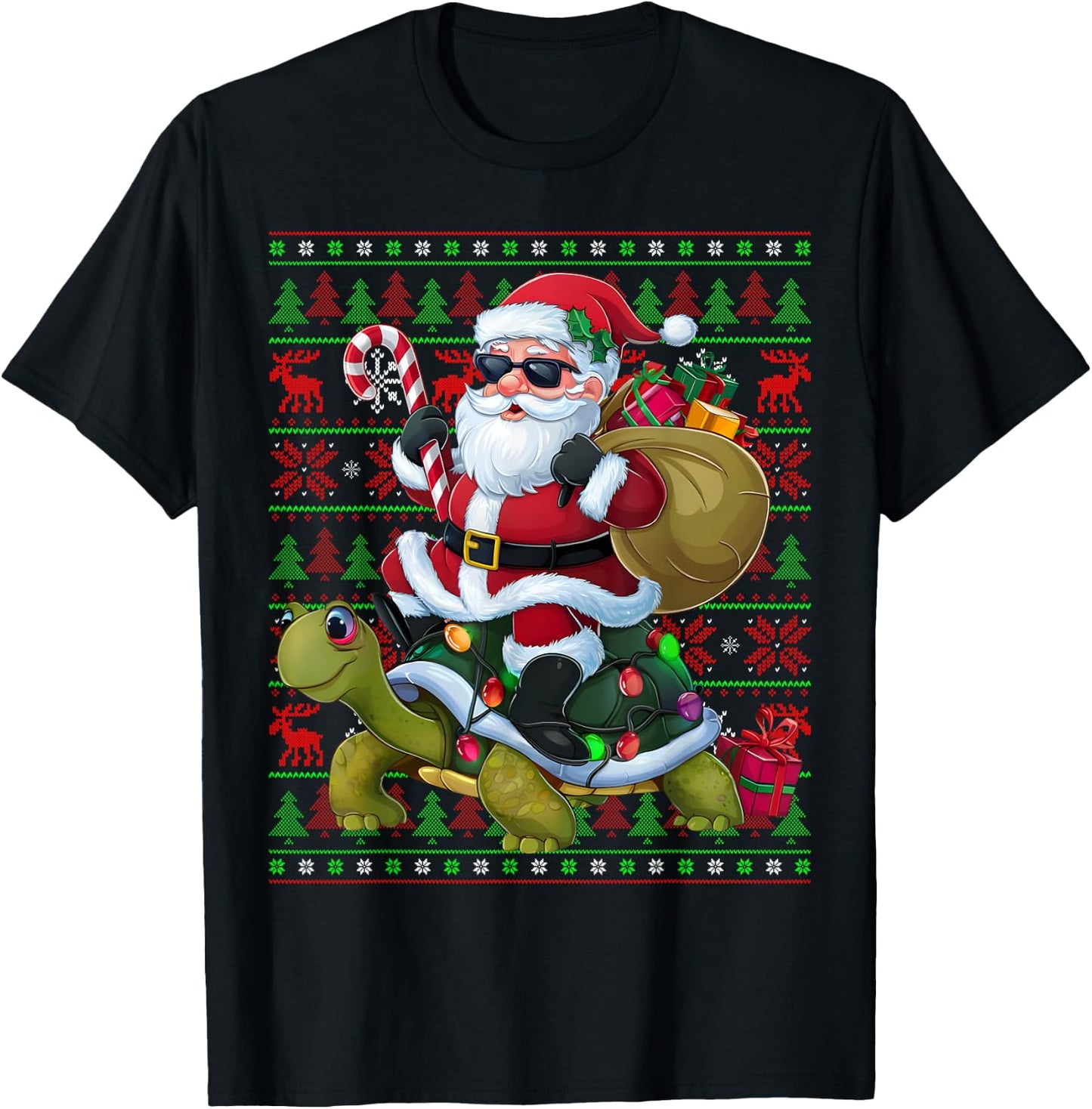 Ugly Xmas Lights Funny Santa Riding Turtle Christmas T-Shirt - T-Shirt | Black