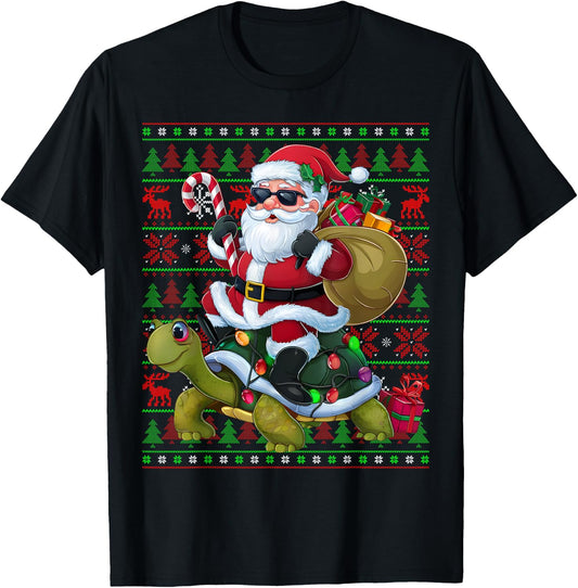Ugly Xmas Lights Funny Santa Riding Turtle Christmas T-Shirt - T-Shirt | Black