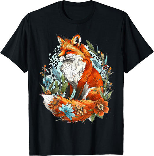 Fox Silhouette Floral Foxes Cottagecore Aesthetic T-Shirt - T-Shirt | Black