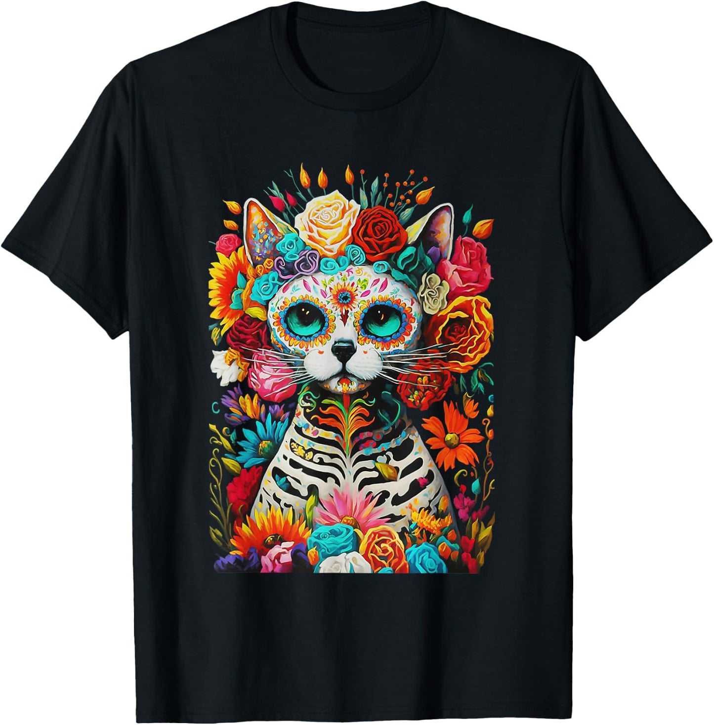 Sugar Skull Cat De Los Muertos La Catrina Day Of The Dead Women Kids T-Shirt - T-Shirt | Black