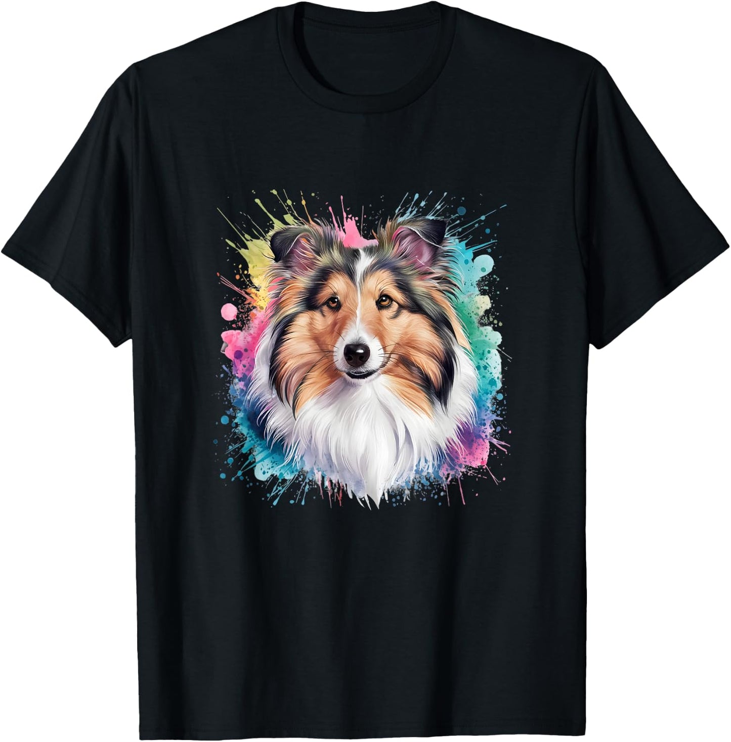 Men Woman Colorful Watercolor Shetland Sheepdog T-Shirt - T-Shirt | Black
