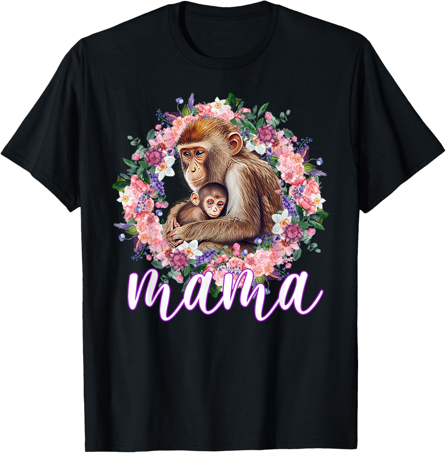 Flowers Mom & Cute Baby Monkey - Animal Mama Mother's Day T-Shirt - T-Shirt | Black